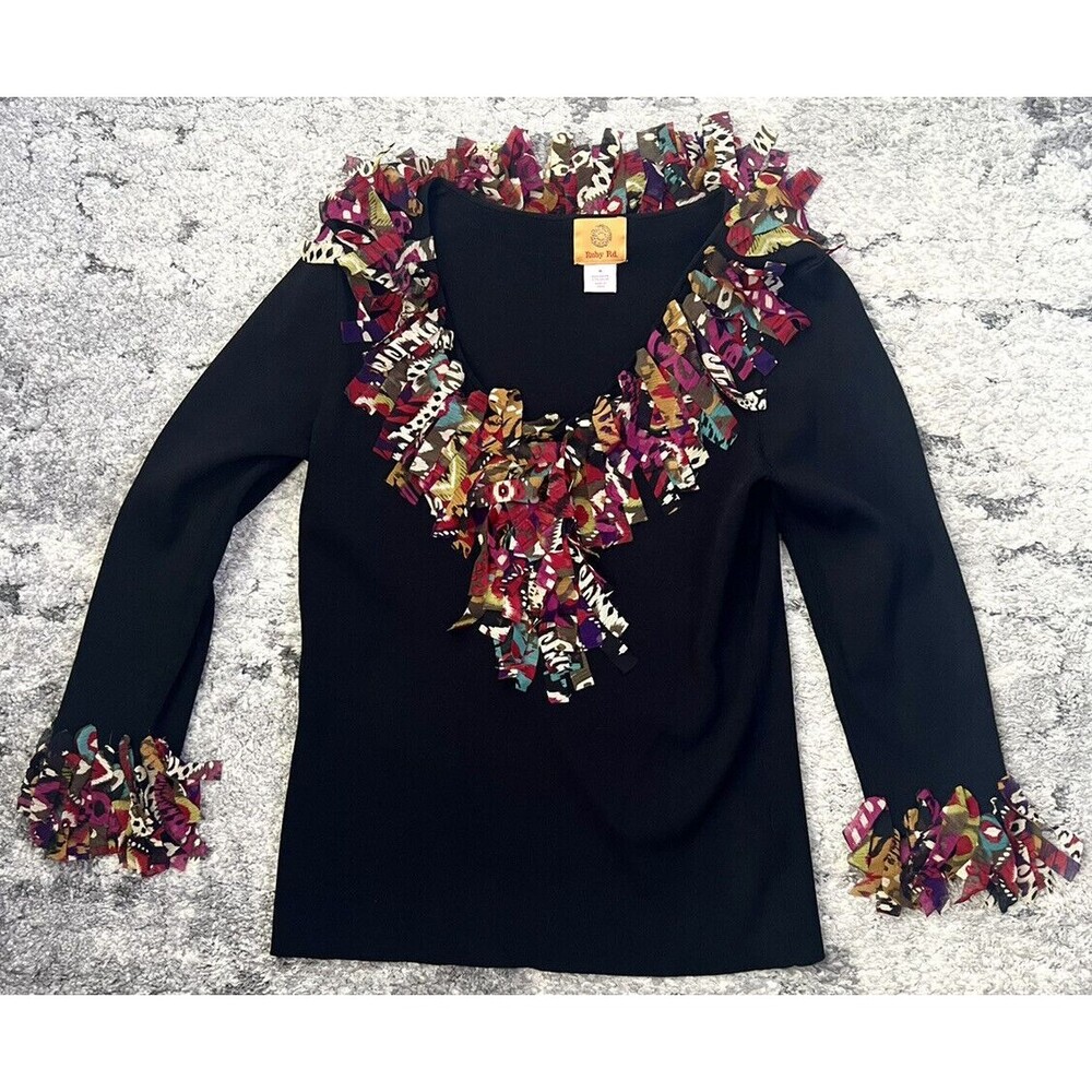 Ruby Rd Black Fringe Collar, Sleeves V Neck Women’s Top Size Medium